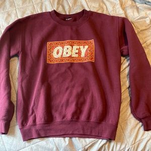 OBEY sweatshirt, Size Medium. Color Burgundy. Wool inside sweatshirt.